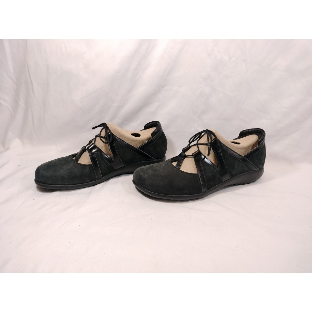 Naot Timu Black Suede Patent Leather Lace Up Ghillie Flats - Picture 2 of 5